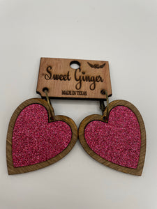 Wooden Pink Glitter Heart Earrings